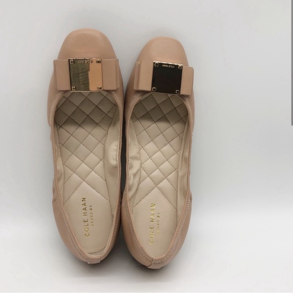 Cole Haan nude leather ballet flats with gold bow accent. Worn twice - Picture 2 of 6
